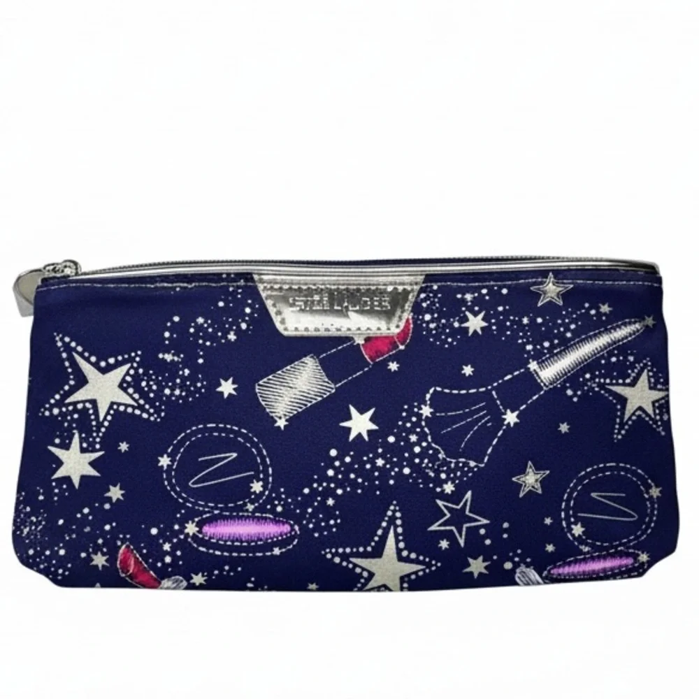 Estée Lauder Makeup Bag Cosmetic Pouch Navy Gold Star Lipstick Print Zip Clutch - Picture 5 of 5
